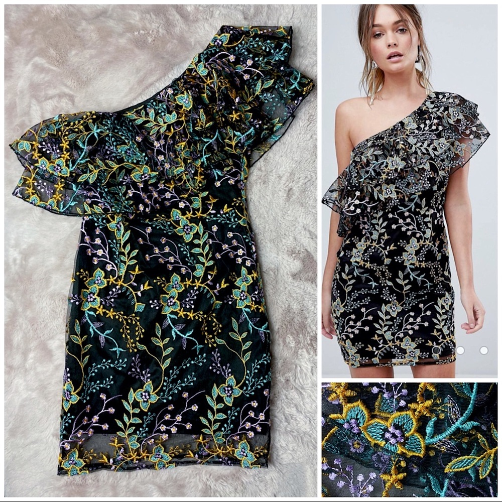 Dolly & Delicious Black Floral Embroidered One Shoulder Ruffle Mini Dress Size 4